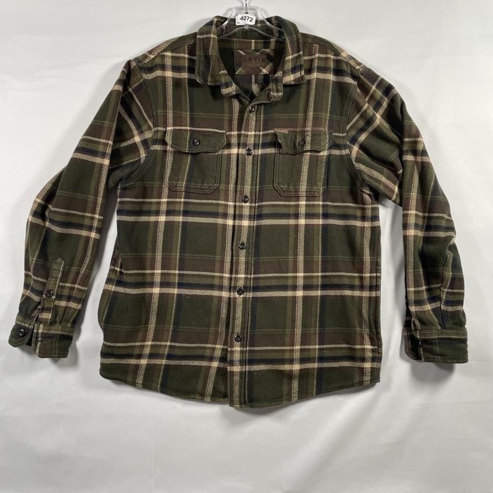Orvis Shirt Jacket Mens Large Green Flannel Plaid Cotton Button Front Outdoor